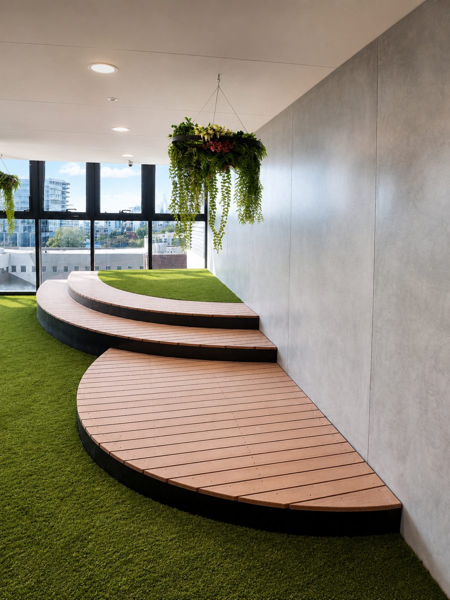 Box Hill Childcare — curved timber terrace and grey feature wall